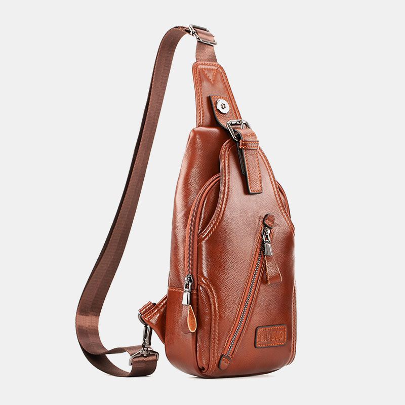 Mænd Første Lag Okselæder Stor Kapacitet Ryg Tyverisikring Lynlås Lomme Brysttaske Crossbody Skuldertaske
