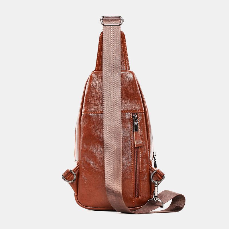 Mænd Første Lag Okselæder Stor Kapacitet Ryg Tyverisikring Lynlås Lomme Brysttaske Crossbody Skuldertaske