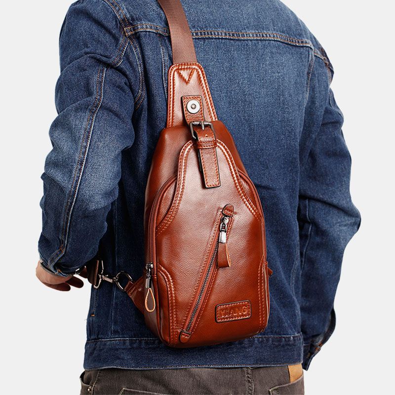 Mænd Første Lag Okselæder Stor Kapacitet Ryg Tyverisikring Lynlås Lomme Brysttaske Crossbody Skuldertaske