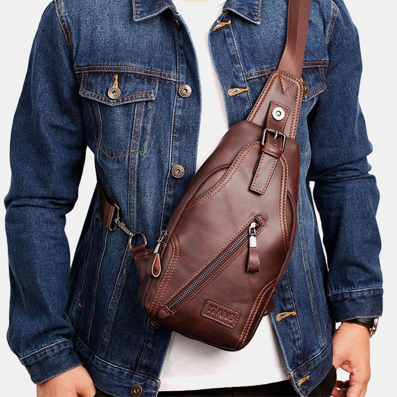 Mænd Første Lag Okselæder Stor Kapacitet Ryg Tyverisikring Lynlås Lomme Brysttaske Crossbody Skuldertaske
