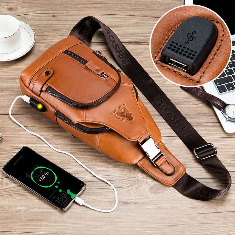 Mænd Koskind Multi-pocket Usb-opladning Brysttaske Outdoor Travel Anti-theft Crossbody Skuldertaske