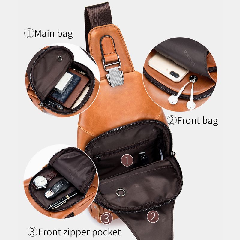 Mænd Koskind Multi-pocket Usb-opladning Brysttaske Outdoor Travel Anti-theft Crossbody Skuldertaske