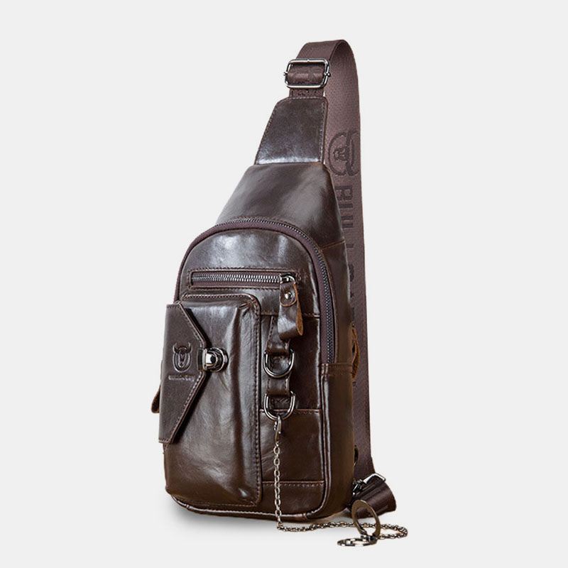 Mænd Multi-pocket Blødt Læder Brysttaske Vintage Mobiltelefon Holder Kæde Crossbody Skuldertaske
