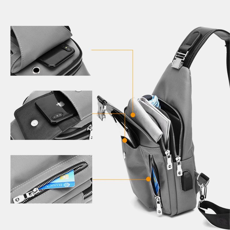 Mænd Oxford Usb-opladningshovedtelefon Huldesign Brysttaske Multifunktion Multi-lomme Vandtæt Crossbody Skuldertaske