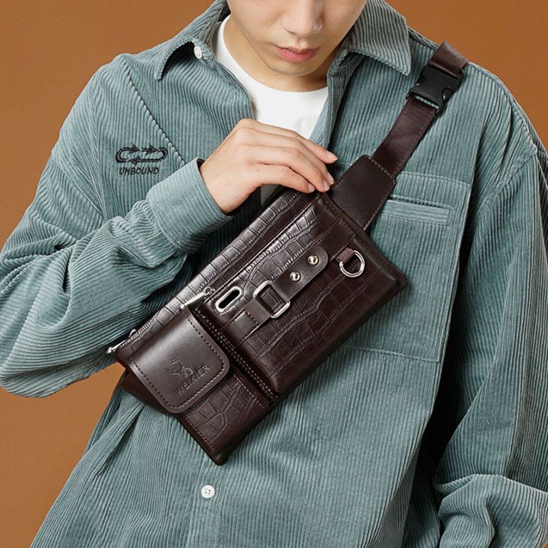 Mænd Pu-læder Multi-pocket Slidbestandig Brysttaske Taljetaske Hovedtelefonhul Design 6.5 Tommer Telefontaske Crossbody-tasker