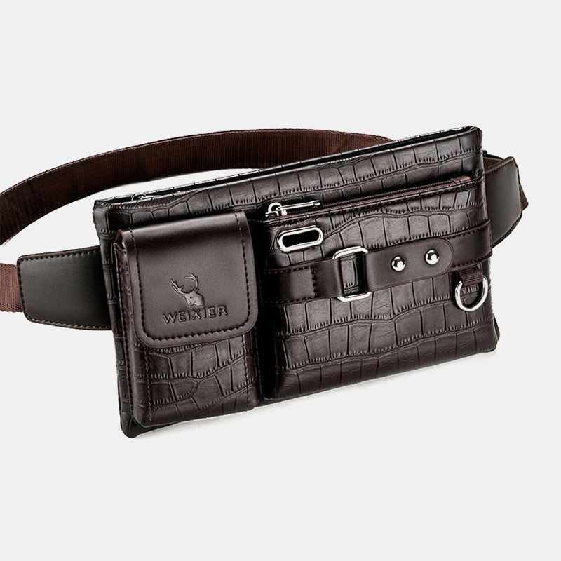 Mænd Pu-læder Multi-pocket Slidbestandig Brysttaske Taljetaske Hovedtelefonhul Design 6.5 Tommer Telefontaske Crossbody-tasker