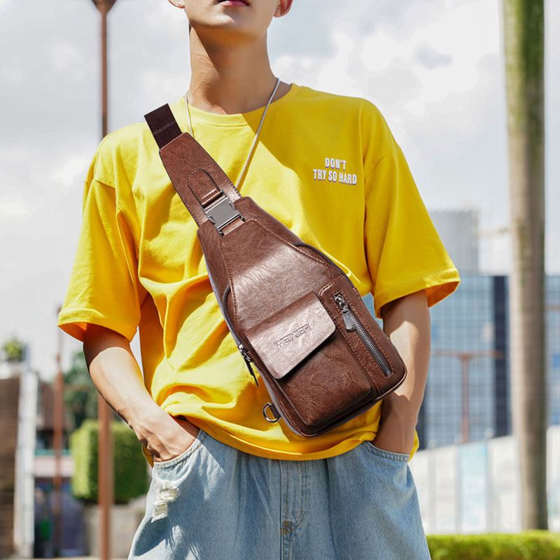 Mænd Pu Læder Multifunktionel Stor Kapacitet Vandtæt 6.5 Tommer Telefontaske Brysttaske Crossbody Tasker