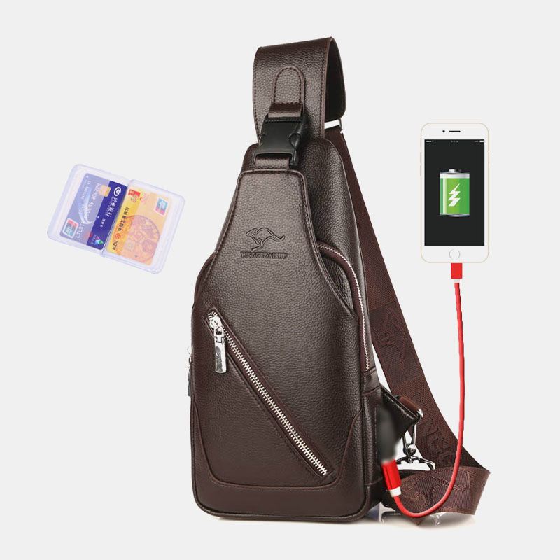 Mænd Pu-læder Usb-opladning Vandtæt Øretelefon Hul Business Crossbody-taske Brysttaske Sling Bag