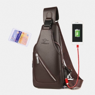Mænd Pu-læder Usb-opladning Vandtæt Øretelefon Hul Business Crossbody-taske Brysttaske Sling Bag