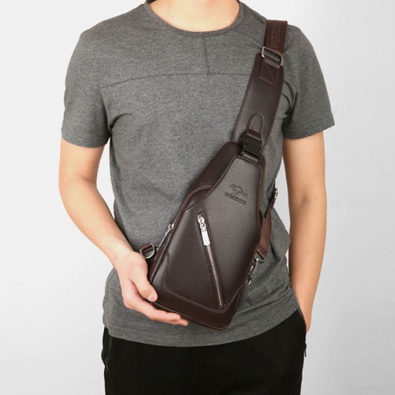 Mænd Pu-læder Usb-opladning Vandtæt Øretelefon Hul Business Crossbody-taske Brysttaske Sling Bag
