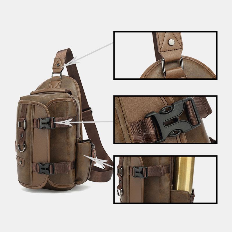 Mænd Pu-læder Vintage Multifunktions Øretelefon Hul Usb-opladning Crossbody-taske Brysttaske Sling Bag