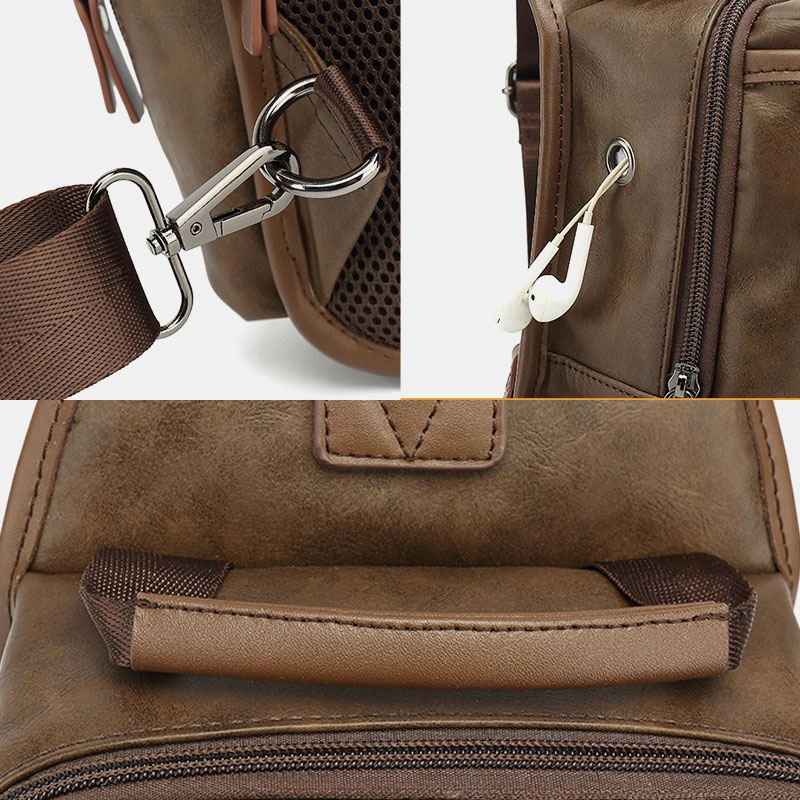 Mænd Pu-læder Vintage Multifunktions Øretelefon Hul Usb-opladning Crossbody-taske Brysttaske Sling Bag