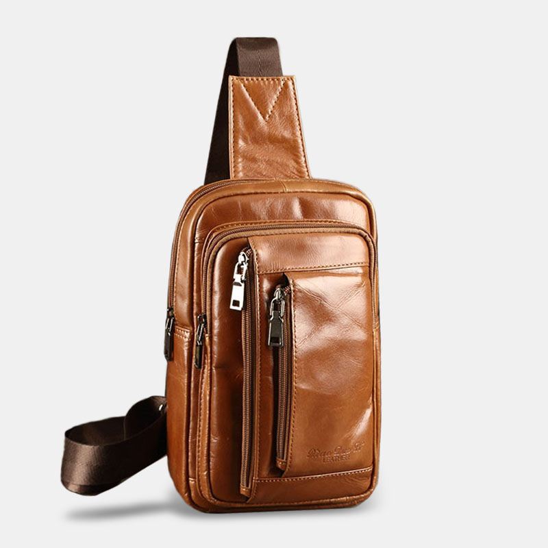 Mænd Retro Blødt Læder Multi-lomme Brysttaske Multifunktions Messenger Taske Med Stor Kapacitet Enkelt Skuldertaske