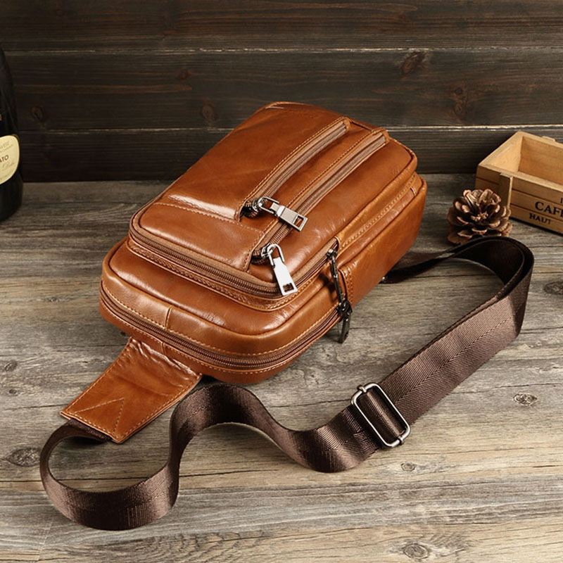 Mænd Retro Blødt Læder Multi-lomme Brysttaske Multifunktions Messenger Taske Med Stor Kapacitet Enkelt Skuldertaske