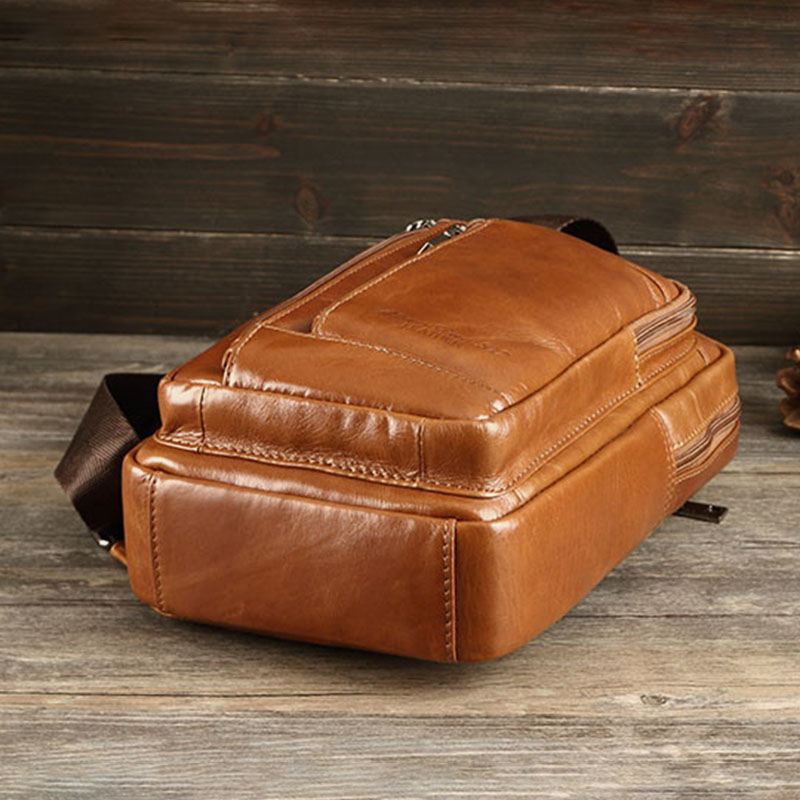 Mænd Retro Blødt Læder Multi-lomme Brysttaske Multifunktions Messenger Taske Med Stor Kapacitet Enkelt Skuldertaske