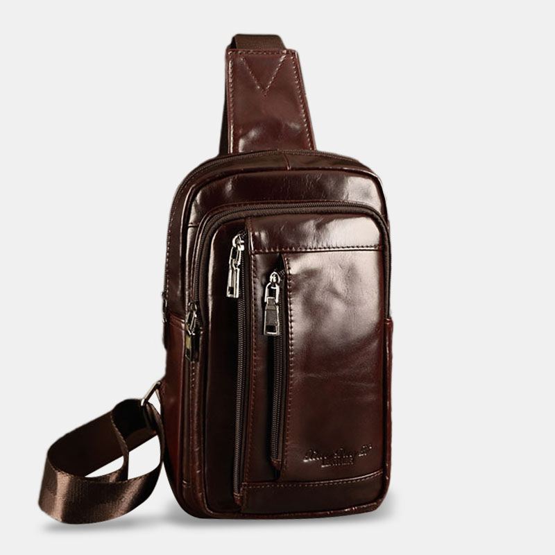 Mænd Retro Blødt Læder Multi-lomme Brysttaske Multifunktions Messenger Taske Med Stor Kapacitet Enkelt Skuldertaske