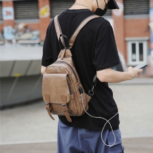 Mænd Retro Øretelefon Hul Multi-carry Usb Opladning Multi-layers Vandtæt Crossbody Taske Bryst Taske Sling Bag