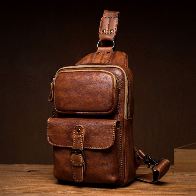Mænd Rub Farve Kunstlæder Multifunktion Multi-lommer Brysttaske Vintage Large Capacity Crossbody Tasker