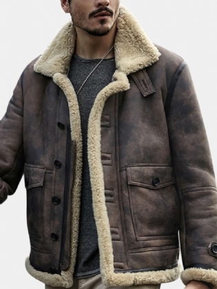 Herre Biker Jacket Big Pocket Shearling Imiteret Læder
