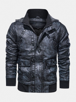 Herre Hooded Pocket Pu Læder Motorcykeljakke