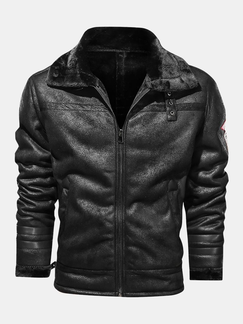 Herre Imiteret Pels Badge Lynlås Front Reverskrave Relaxed Fit Thicken Jakker