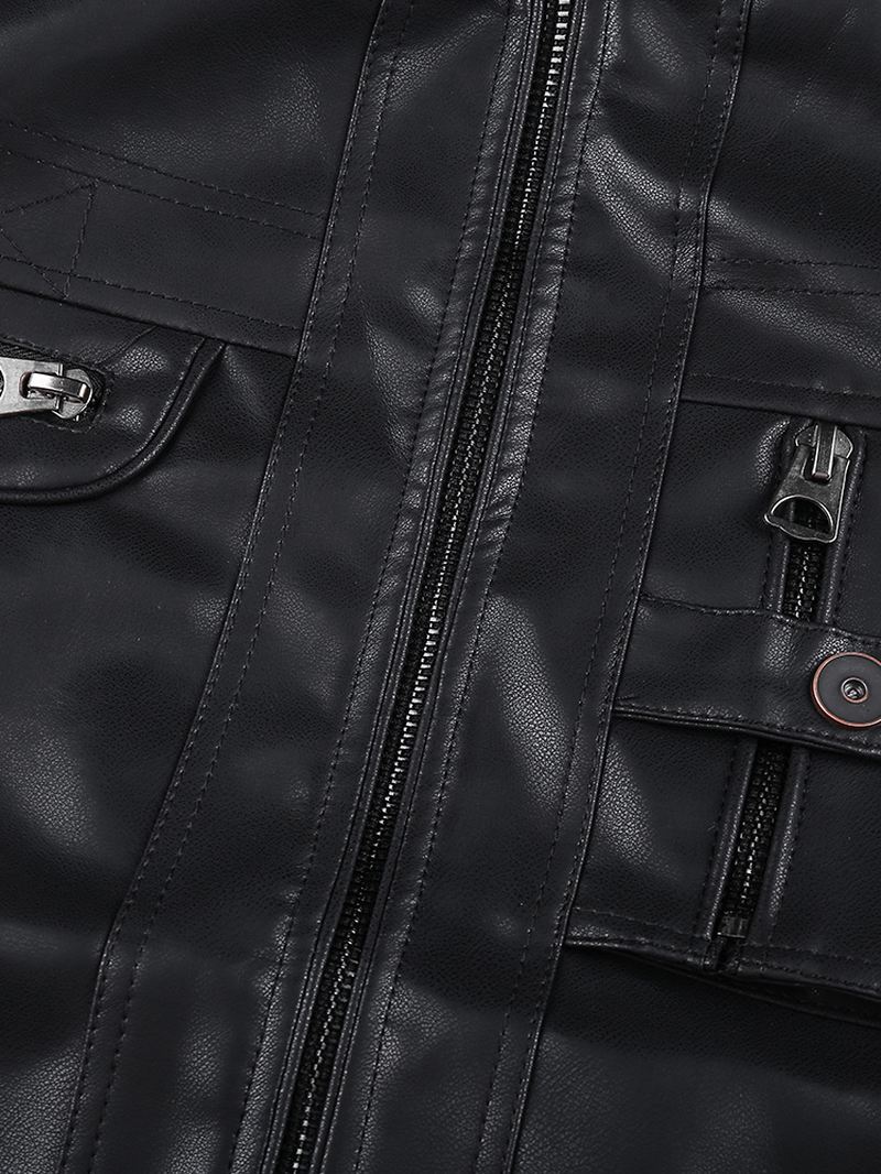 Herre Pocket Zip-up Pu Læder Sort Langærmet Motorcykeljakke