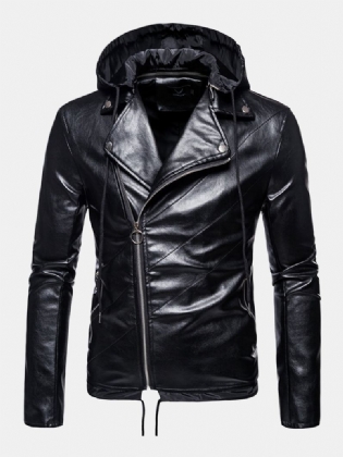 Herre Pu Læder Asymmetrisk Lynlås Snøring Hem Hooded Biker Jacket