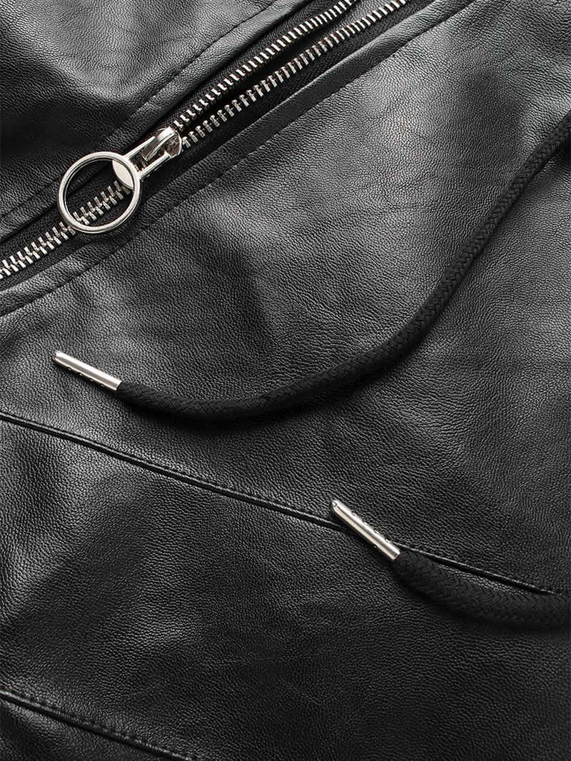 Herre Pu Læder Asymmetrisk Lynlås Snøring Hem Hooded Biker Jacket