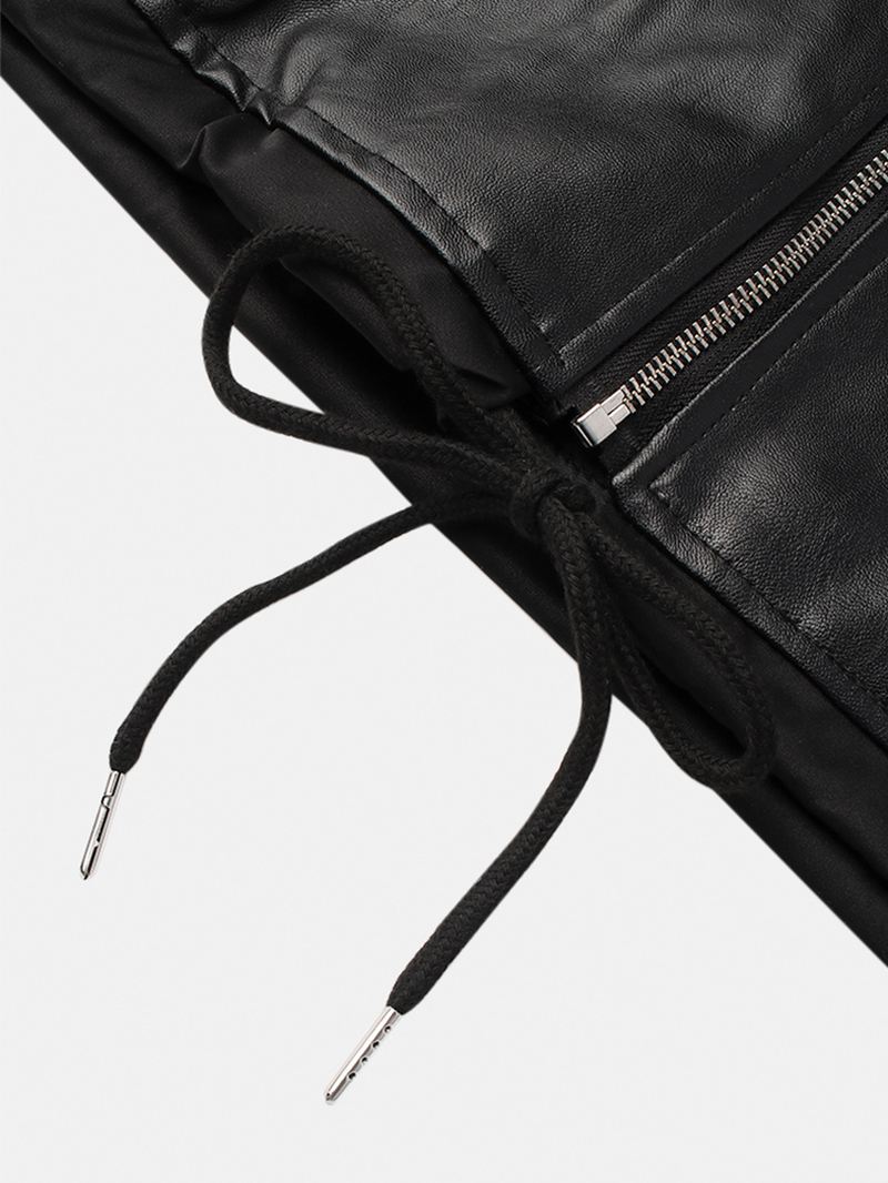 Herre Pu Læder Asymmetrisk Lynlås Snøring Hem Hooded Biker Jacket