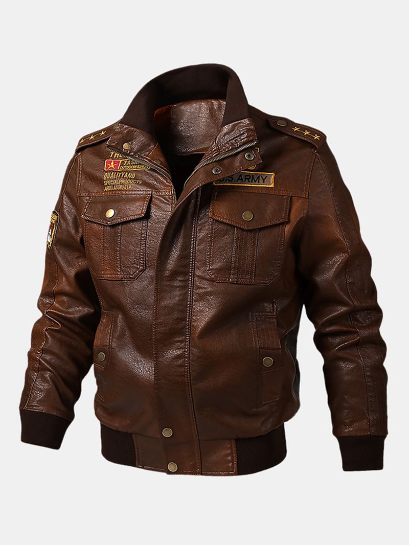 Herre Pu Læder Badge Zip Front Biker Jakker Med Klaplommer