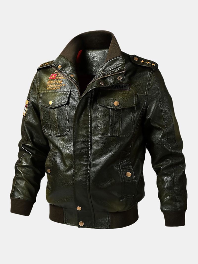 Herre Pu Læder Badge Zip Front Biker Jakker Med Klaplommer