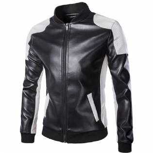 Herre Pu Læder Mode Sort Hvid Syning Motorcykel Biker Jakke Baseball Krave Frakke