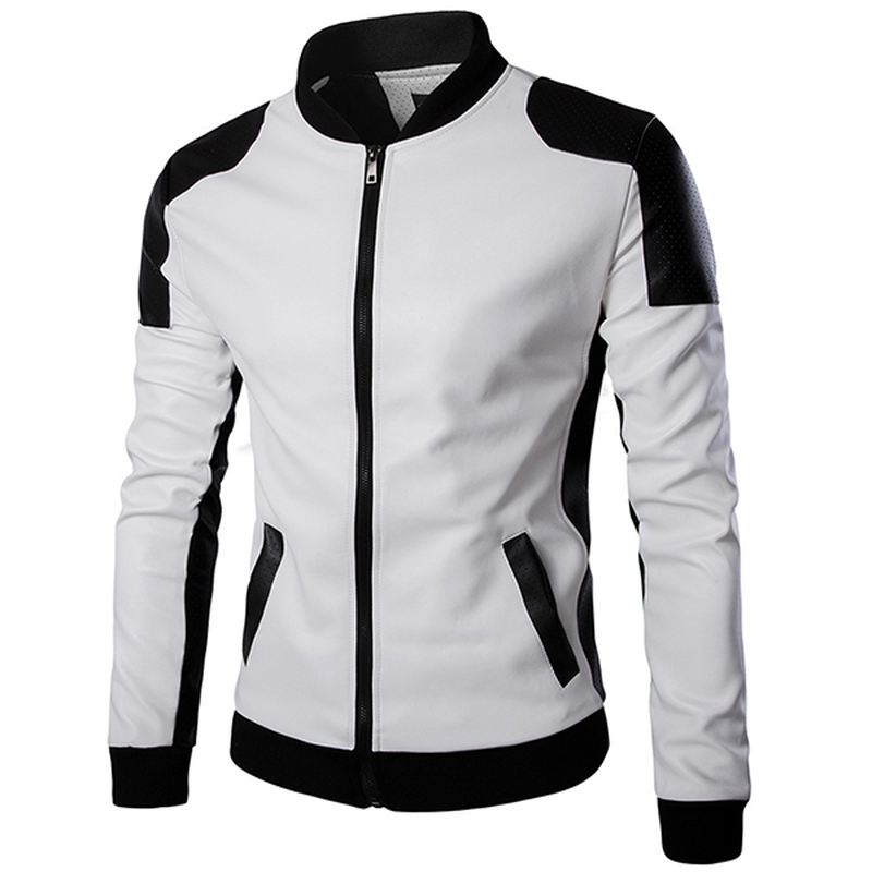 Herre Pu Læder Mode Sort Hvid Syning Motorcykel Biker Jakke Baseball Krave Frakke
