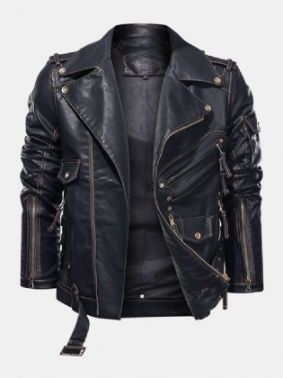 Mænd Zip-up Multi Pocket Pu Læder Motorcykeljakke