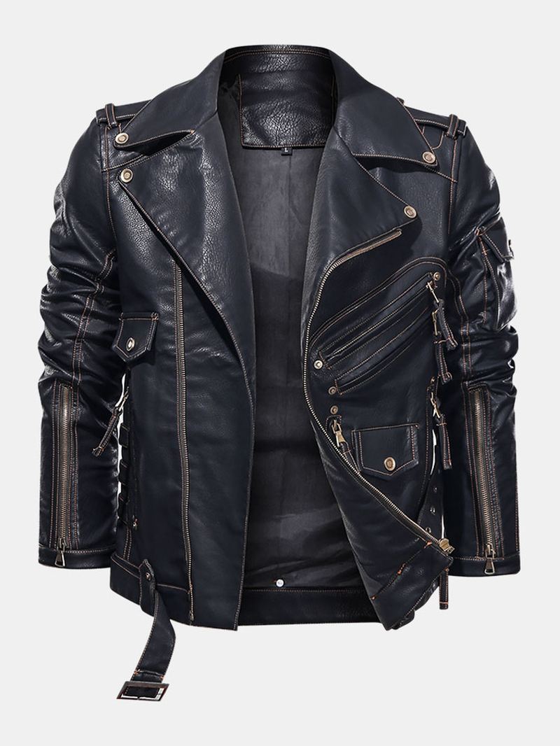 Mænd Zip-up Multi Pocket Pu Læder Motorcykeljakke