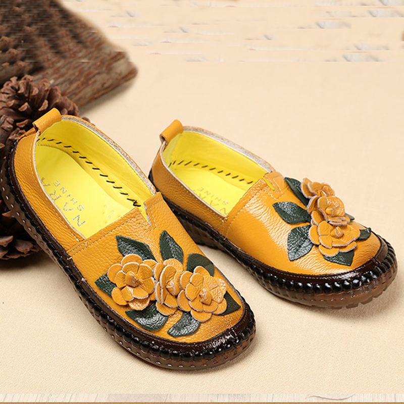 Blomster Flats Loafer I Ægte Læder Med Blød Sål