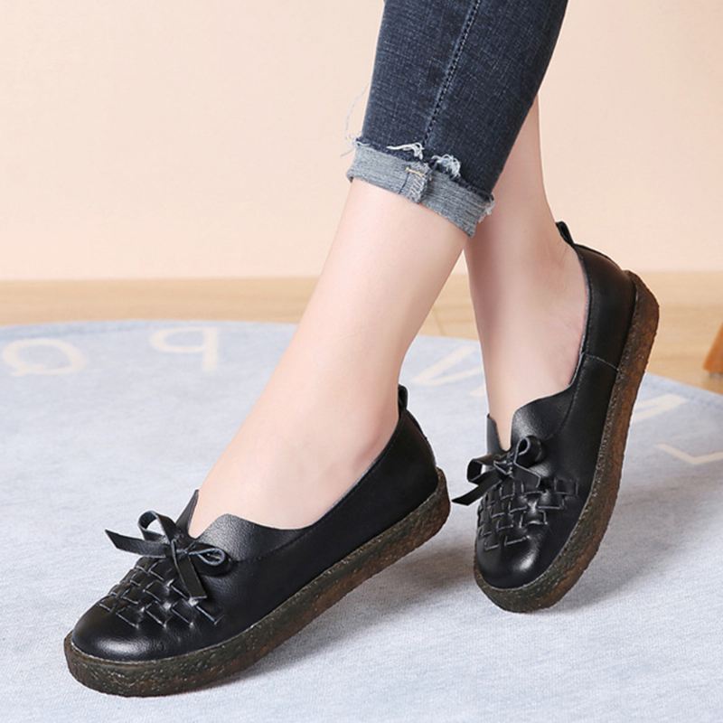 Dame Læder Slip-on Ensfarvet Vævet Sløjfe Asakuchi Flats Loafers Sko