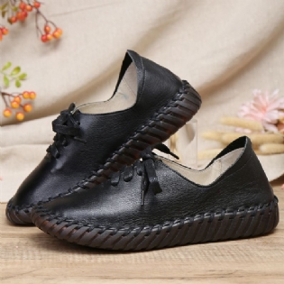 Håndsyning Ensfarvet Ko Læder Rund Tå Bløde Casual Flats