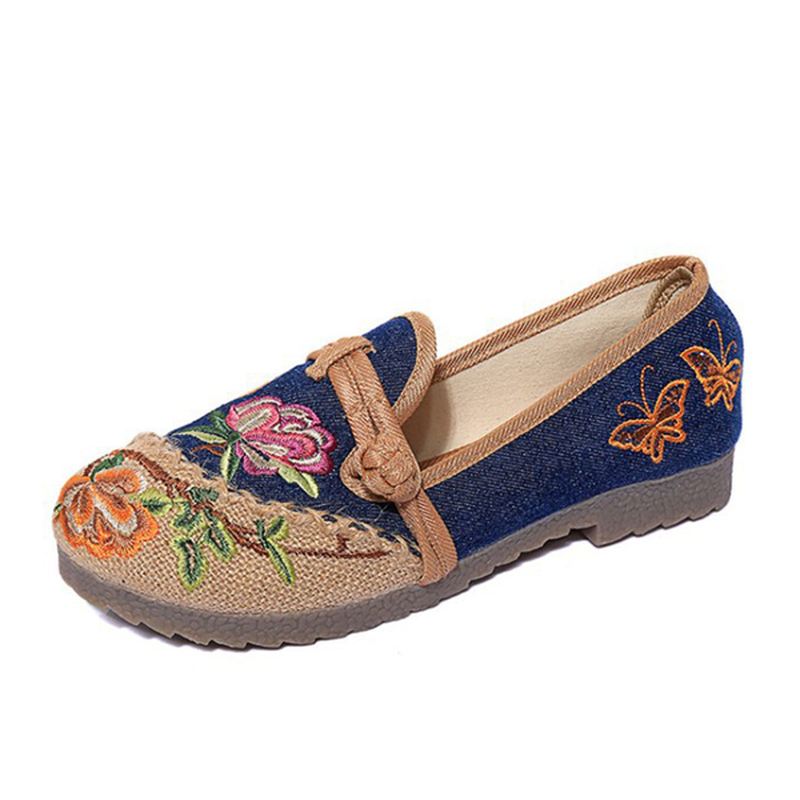 Kinesisk Blomst Broderede Retro Slip-on Flade Runde Tå Sko
