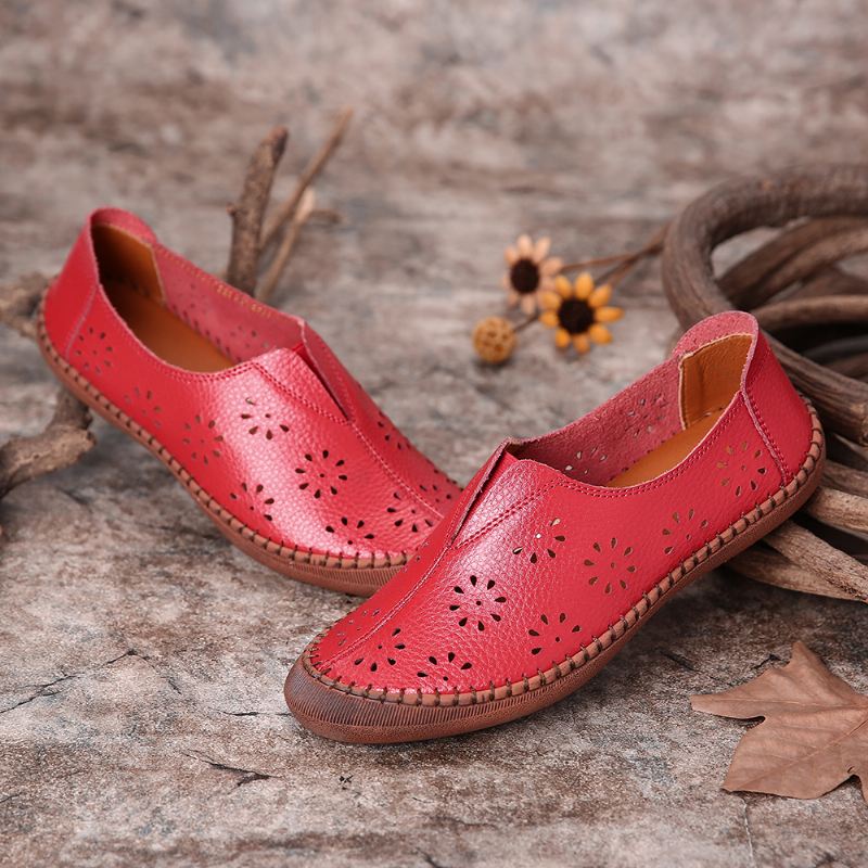 Kvinder Ægte Læder Slip-on Elastik Åndbar Udhulet Fjeder Kausal Flade Loafers