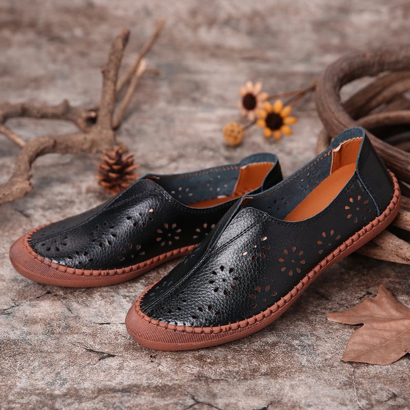 Kvinder Ægte Læder Slip-on Elastik Åndbar Udhulet Fjeder Kausal Flade Loafers