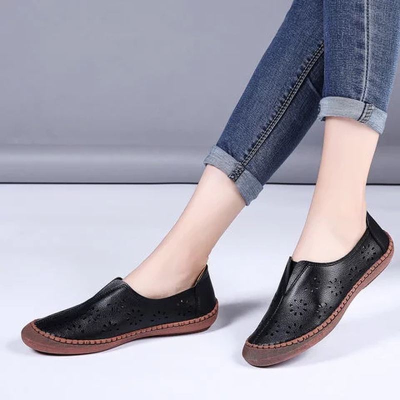 Kvinder Ægte Læder Slip-on Elastik Åndbar Udhulet Fjeder Kausal Flade Loafers
