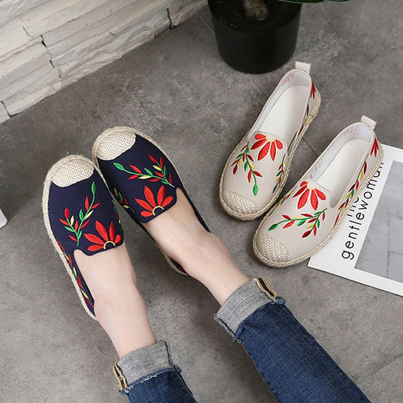 Kvinder Casual Broderet Blomster Cloth Flade Loafers