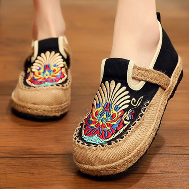 Kvinder Linen Brodery Straw Slip On Flat Loafers