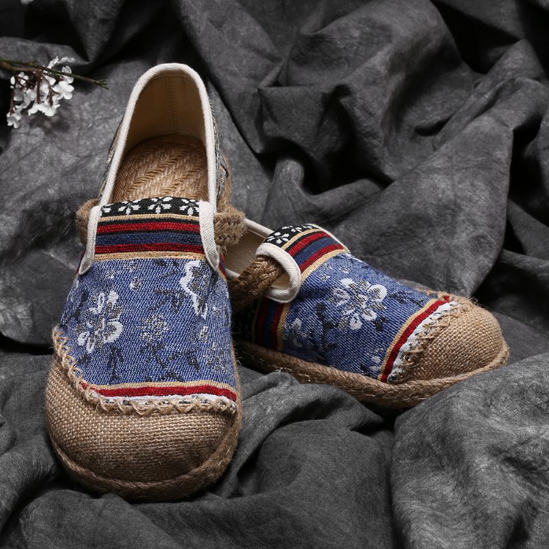 Kvinder Linen Old Peking Printing Stricing Slip On Loafers