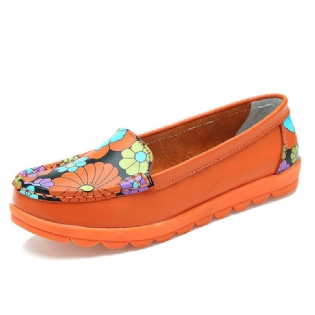 Kvinder Mode Casual Komfortabel Blød Åndbar Blomster Læder Rund Tå Flad Loafer Sko