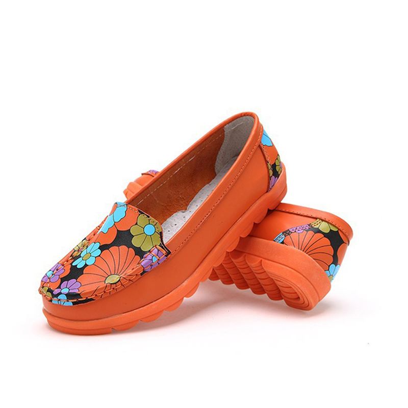 Kvinder Mode Casual Komfortabel Blød Åndbar Blomster Læder Rund Tå Flad Loafer Sko