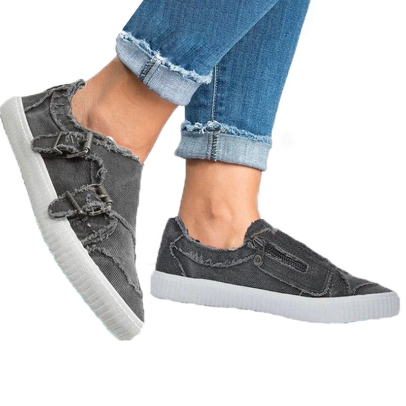 Kvinder Plus Størrelse Metalspænde Lynlås Dekoration Slip On Canvas Casual Daily Flats