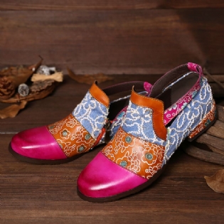 Kvinder Retro Elegant Farve Syning Ægte Læder Lynlås Flats