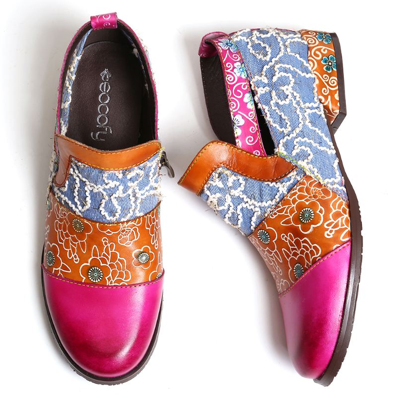 Kvinder Retro Elegant Farve Syning Ægte Læder Lynlås Flats